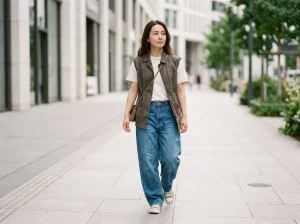 استایل لایهای زنانه با شلوار جین آزاد و وست