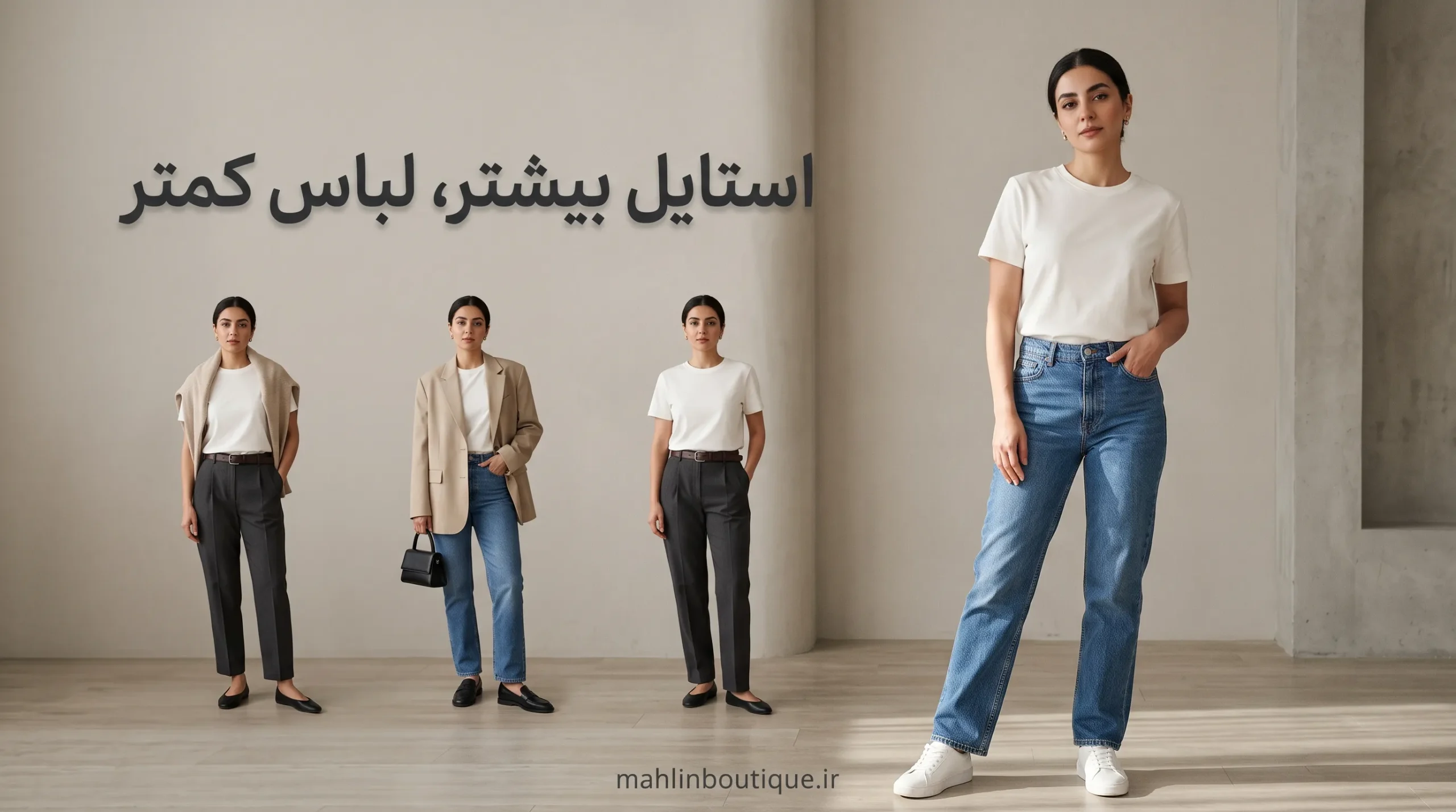 کمد لباس کپسولی زنانه با سه استایل متفاوت از لباس‌های پایه شامل تی‌شرت سفید و شلوار جین